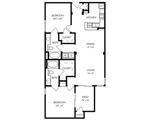 Floor plan for 2 beds, 2 baths, 1130 sqft